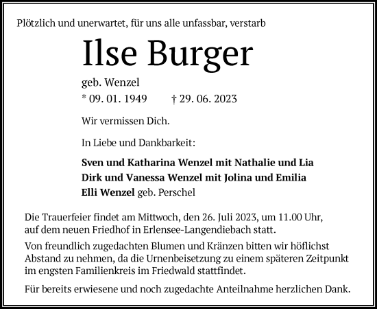 Traueranzeige von Ilse Burger von OF