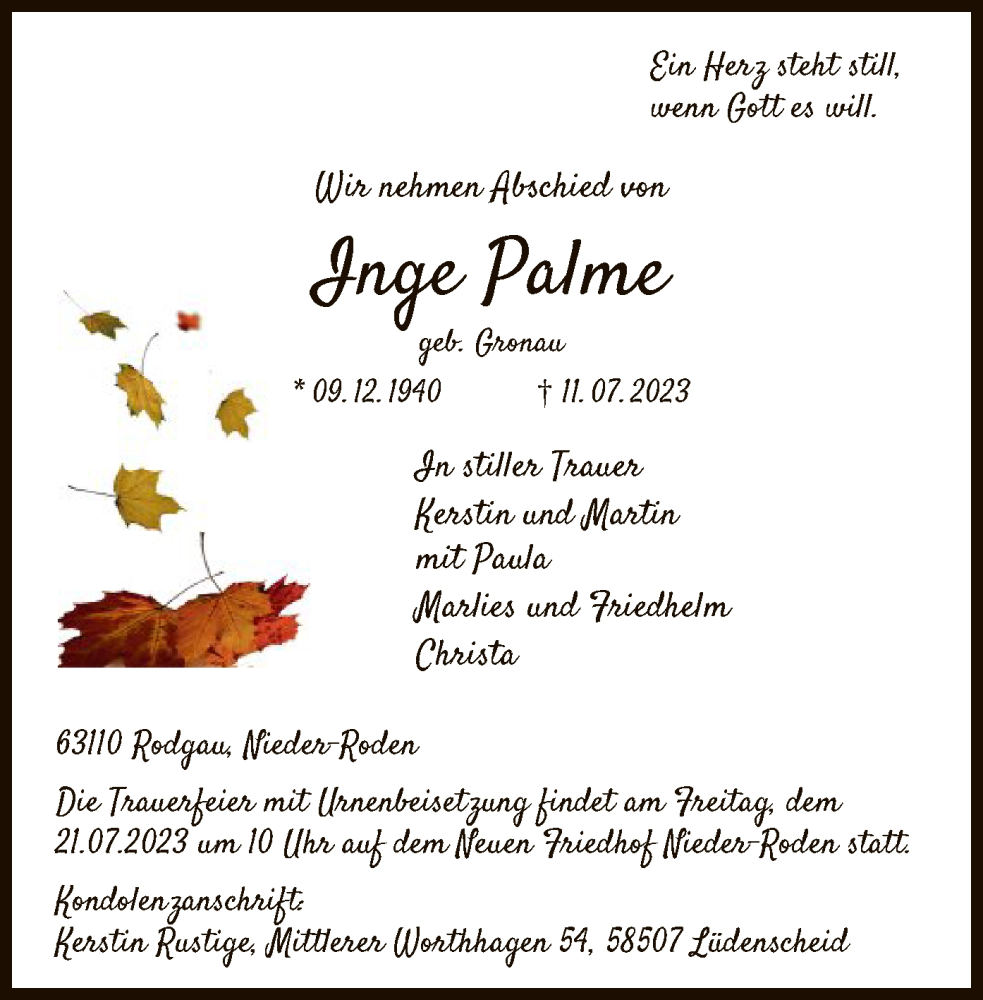 Traueranzeige für Inge Palme vom 19.07.2023 aus OF