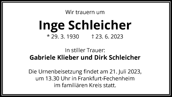 Traueranzeige von Inge Schleicher von OF