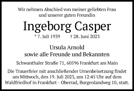 Traueranzeige von Ingeborg Casper von OF