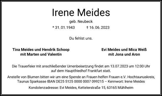 Traueranzeige von Irene Meides von OF