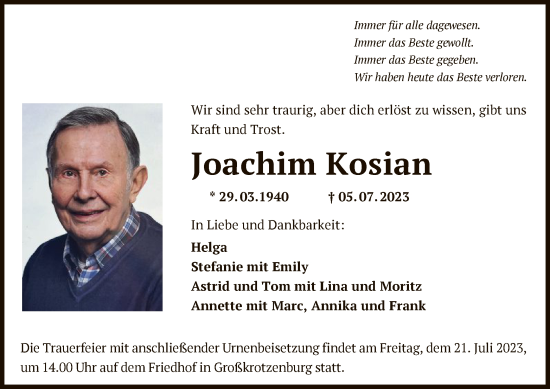 Traueranzeige von Joachim Kosian von OF