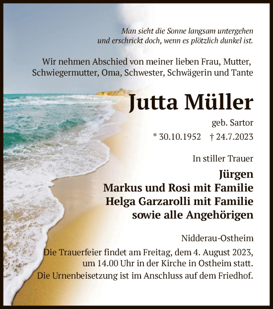 Traueranzeige von Jutta Müller von OF