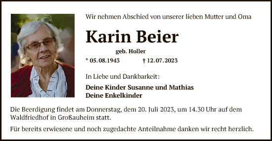 Traueranzeige von Karin Beier von OF