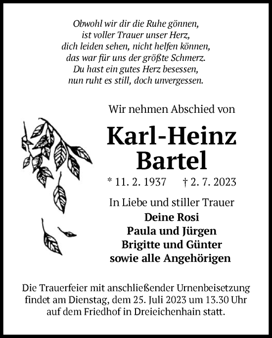 Traueranzeige von Karl-Heinz Bartel von OF