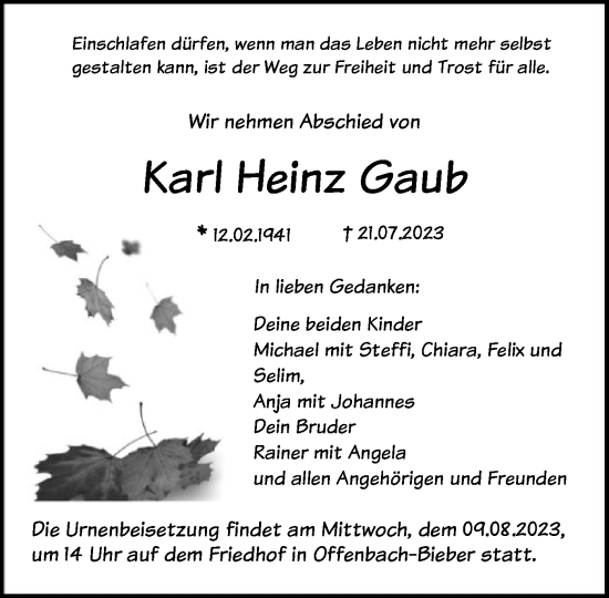 Traueranzeige von Karl Heinz Gaub von OF