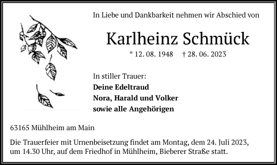 Traueranzeige von Karlheinz Schmück von OF