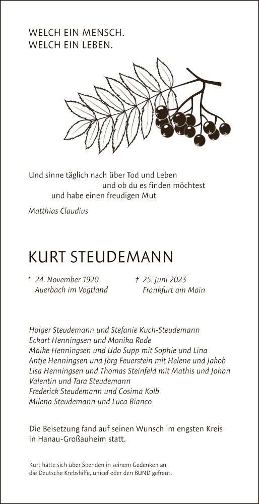 Traueranzeige von Kurt Steudemann von OF