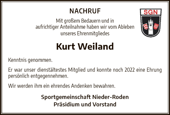 Traueranzeige von Kurt Weiland von OF