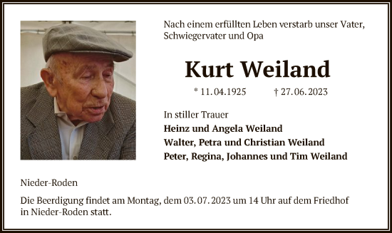 Traueranzeige von Kurt Weiland von OF