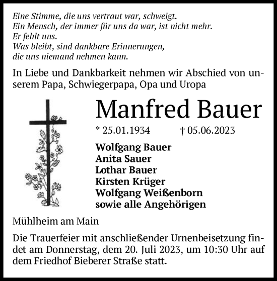 Traueranzeige von Manfred Bauer von OF