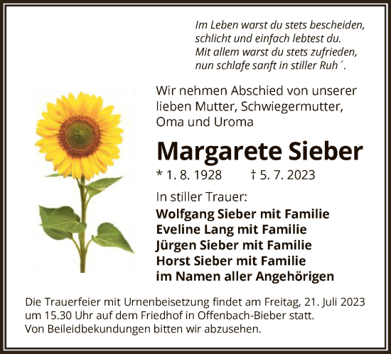 Traueranzeige von Margarete Sieber von OF