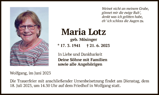 Traueranzeige von Maria Lotz von OF