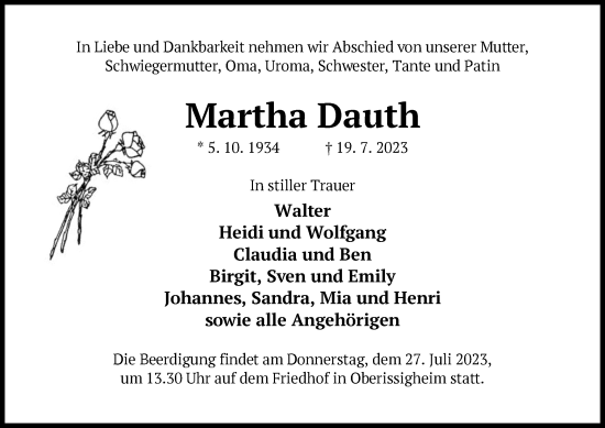 Traueranzeige von Martha Dauth von OF