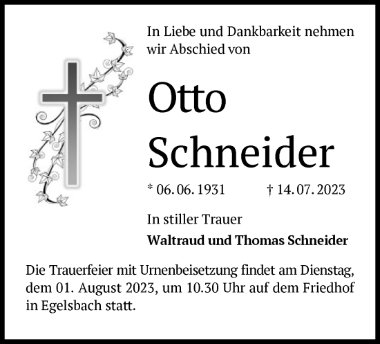 Traueranzeige von Otto Schneider von OF