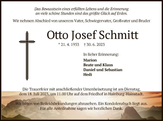 Traueranzeige von Otto Josef Schmitt von OF