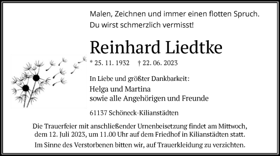 Traueranzeige von Reinhard Liedtke von OF