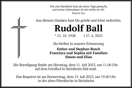 Traueranzeige von Rudolf Ball von OF