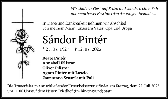 Traueranzeige von Sandor Pinter von OF