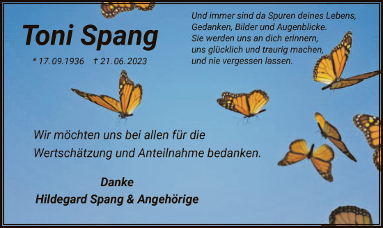 Traueranzeige von Toni Spang von OF