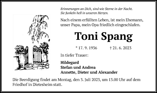 Traueranzeige von Toni Spang von OF