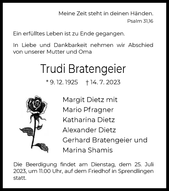 Traueranzeige von Trudi Bratengeier von OF