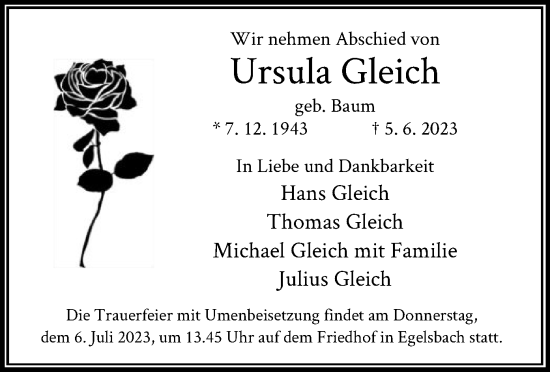 Traueranzeige von Ursula Gleich von OF