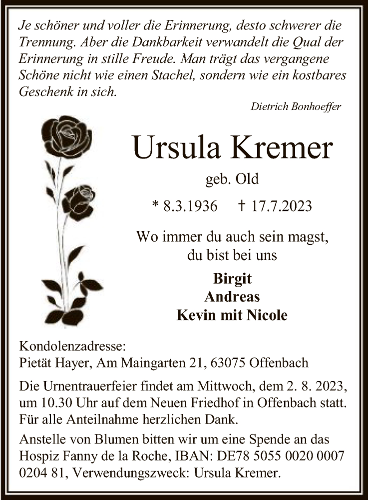  Traueranzeige für Ursula Kremer vom 22.07.2023 aus OF