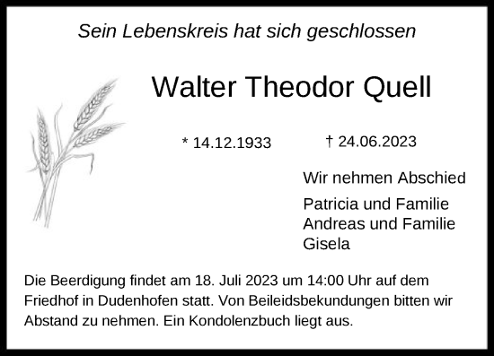 Traueranzeige von Walter Theodor Quell von OF