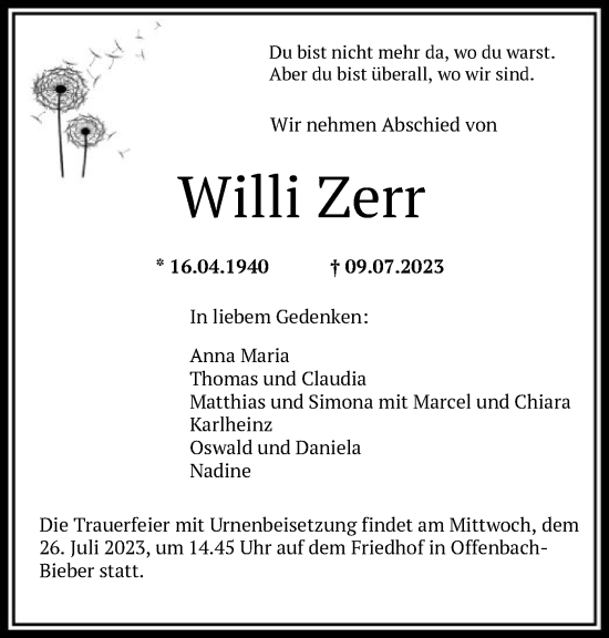 Traueranzeige von Willi Zerr von OF