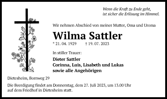 Traueranzeige von Wilma Sattler von OF