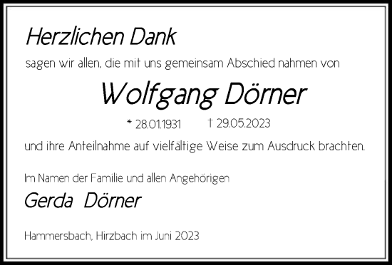 Traueranzeige von Wolfgang Dörner von OF