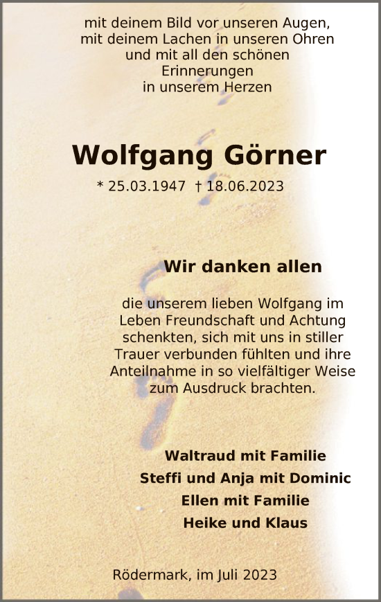 Traueranzeige von Wolfgang Görner von OF