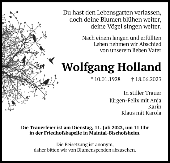 Traueranzeige von Wolfgang Holland von OF