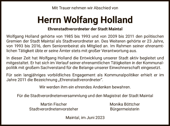 Traueranzeige von Wolfgang Holland von OF