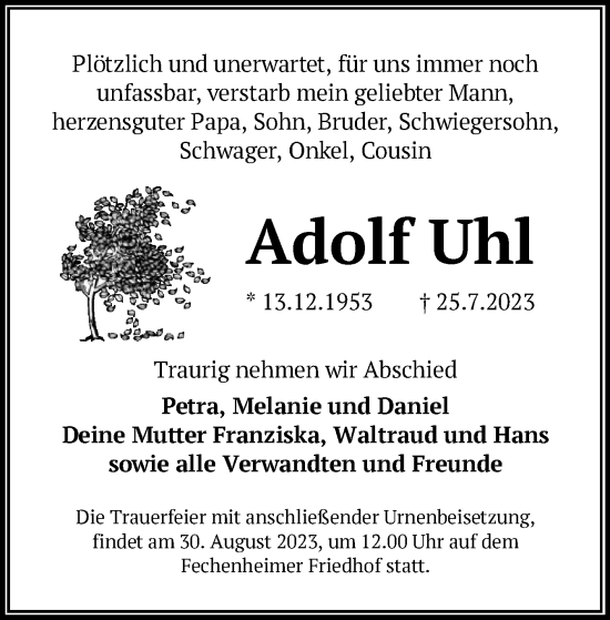 Traueranzeige von Adolf Uhl von OF