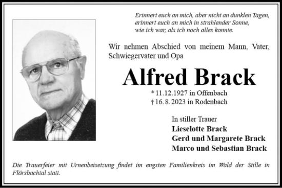 Traueranzeige von Alfred Brack von OF