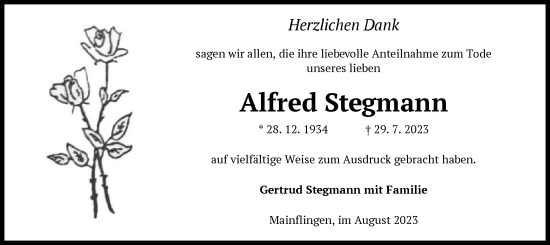 Traueranzeige von Alfred Stegmann von OF