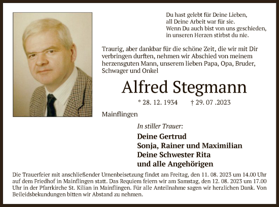 Traueranzeige von Alfred Stegmann von OF