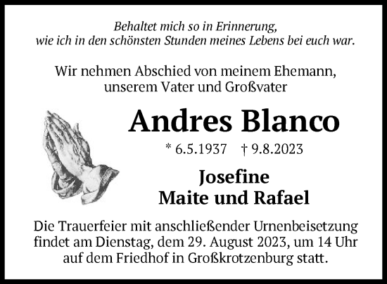 Traueranzeige von Andres Blanco von OF