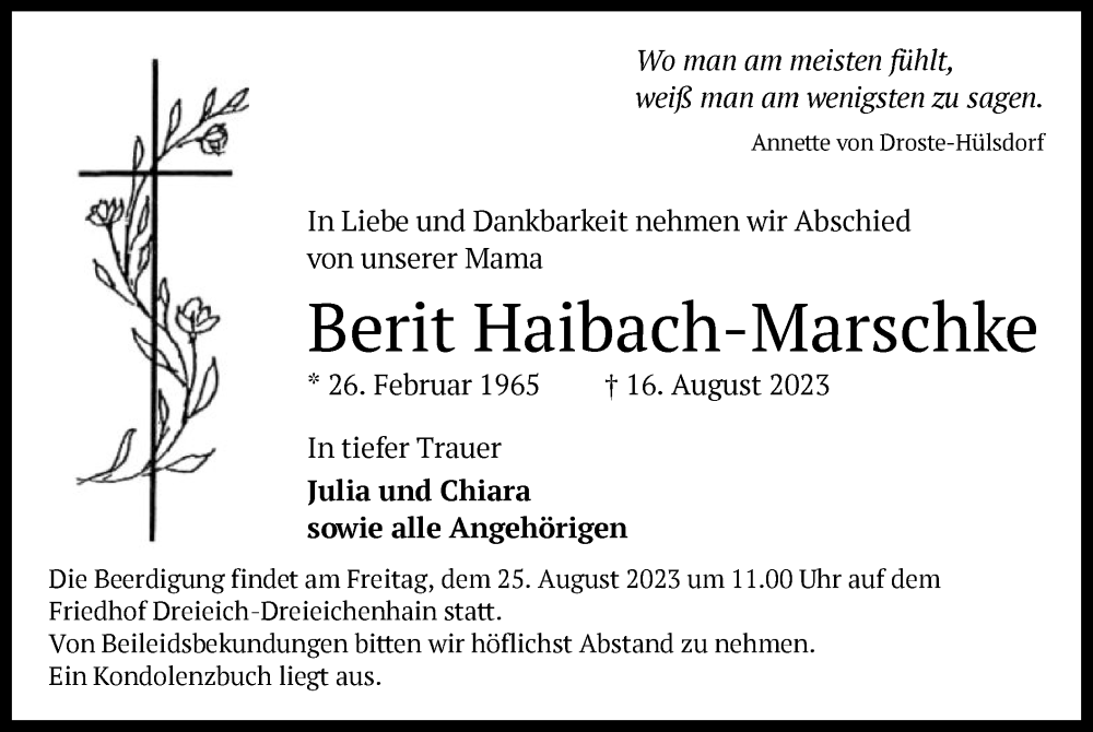  Traueranzeige für Berit Haibach-Marschke vom 19.08.2023 aus OF