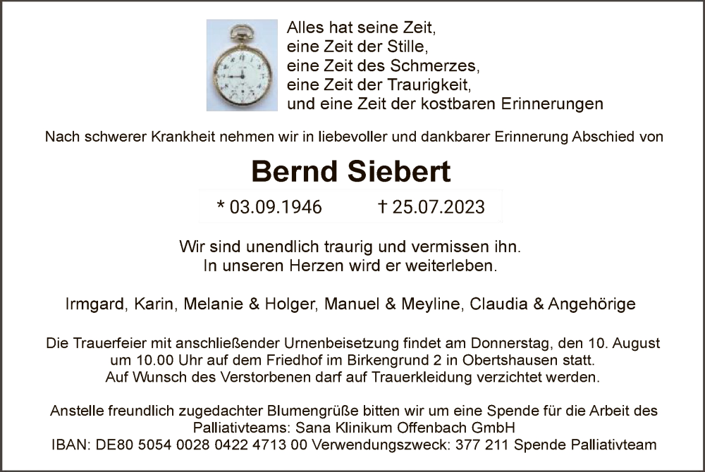  Traueranzeige für Bernd Siebert vom 05.08.2023 aus OF