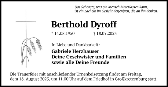 Traueranzeige von Berthold Dyroff von OF