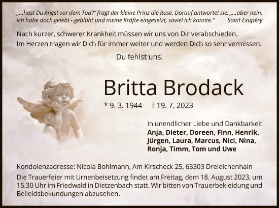 Traueranzeige von Britta Brodack von OF