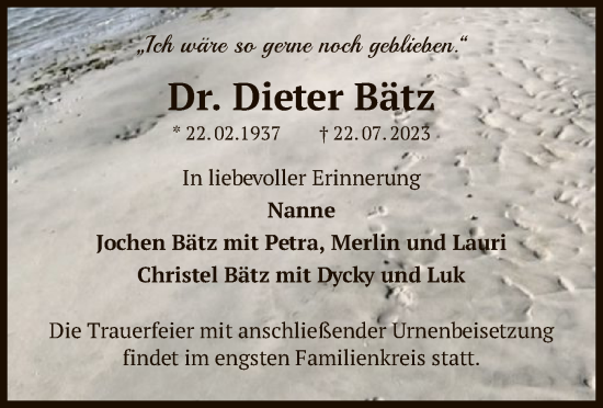 Traueranzeige von Dieter Bätz von OF