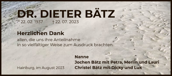 Traueranzeige von Dieter Bätz von OF