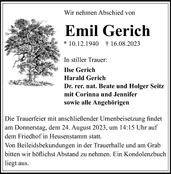 Traueranzeige von Emil Gerich von OF