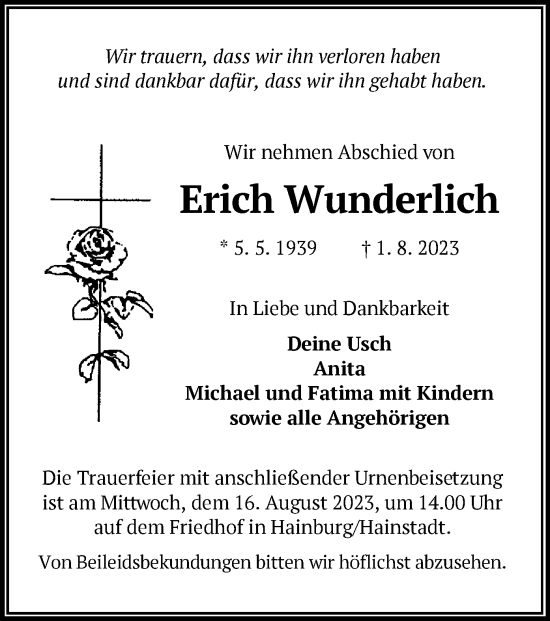 Traueranzeige von Erich Wunderlich von OF