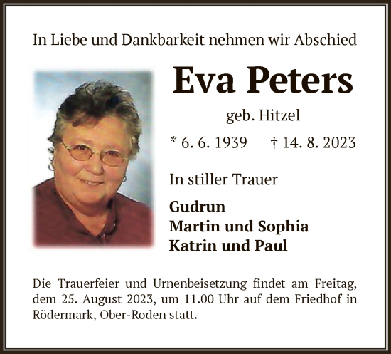 Traueranzeige von Eva Peters von OF