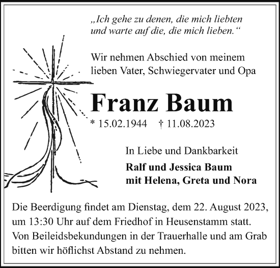 Traueranzeige von Franz Baum von OF